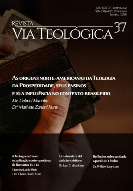#paracegover: capa do periódico Via Teológica, número 37 de junho de 2018. Na imagem: duas mãos abrindo uma carteira e sacando algumas notas dólares.